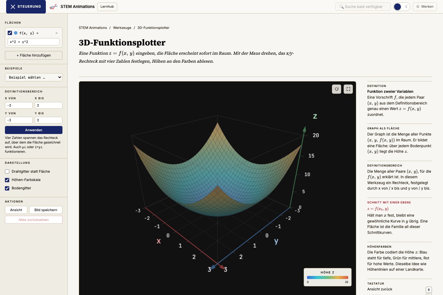 3D-Funktionsplotter von STEM Animations mit gekrümmter Fläche