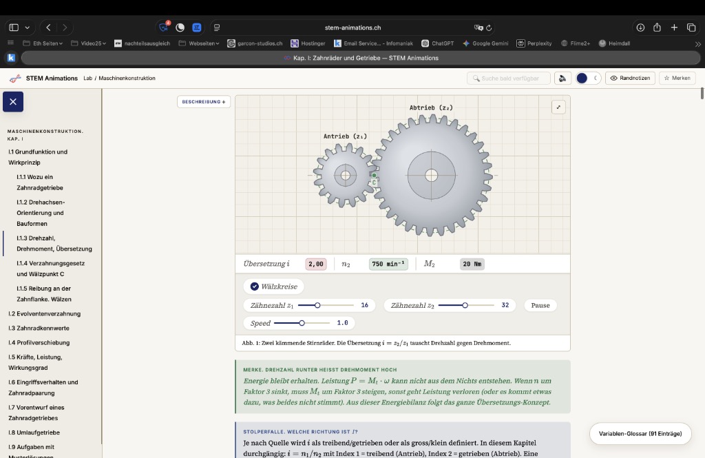 STEM Animations Maschinenkonstruktion mit animierter Zahnrad-Profilüberdeckung