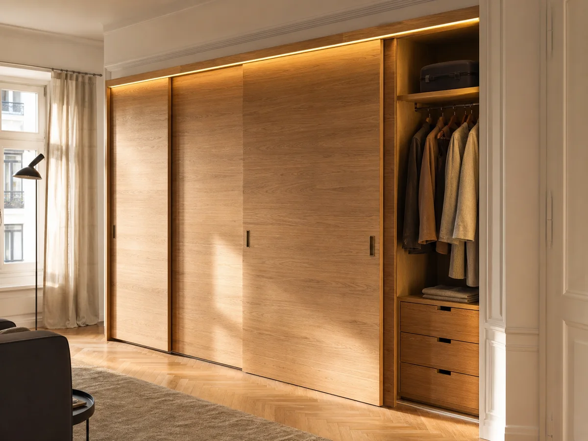 Einbauschrank aus Eiche massiv mit Schiebetüren, gefertigt für eine Wohnung in Zürich-Wipkingen.