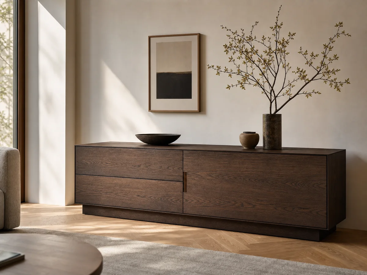 Sideboard aus geräucherter Eiche, Massanfertigung für ein Wohnzimmer in Zürich-Wollishofen.
