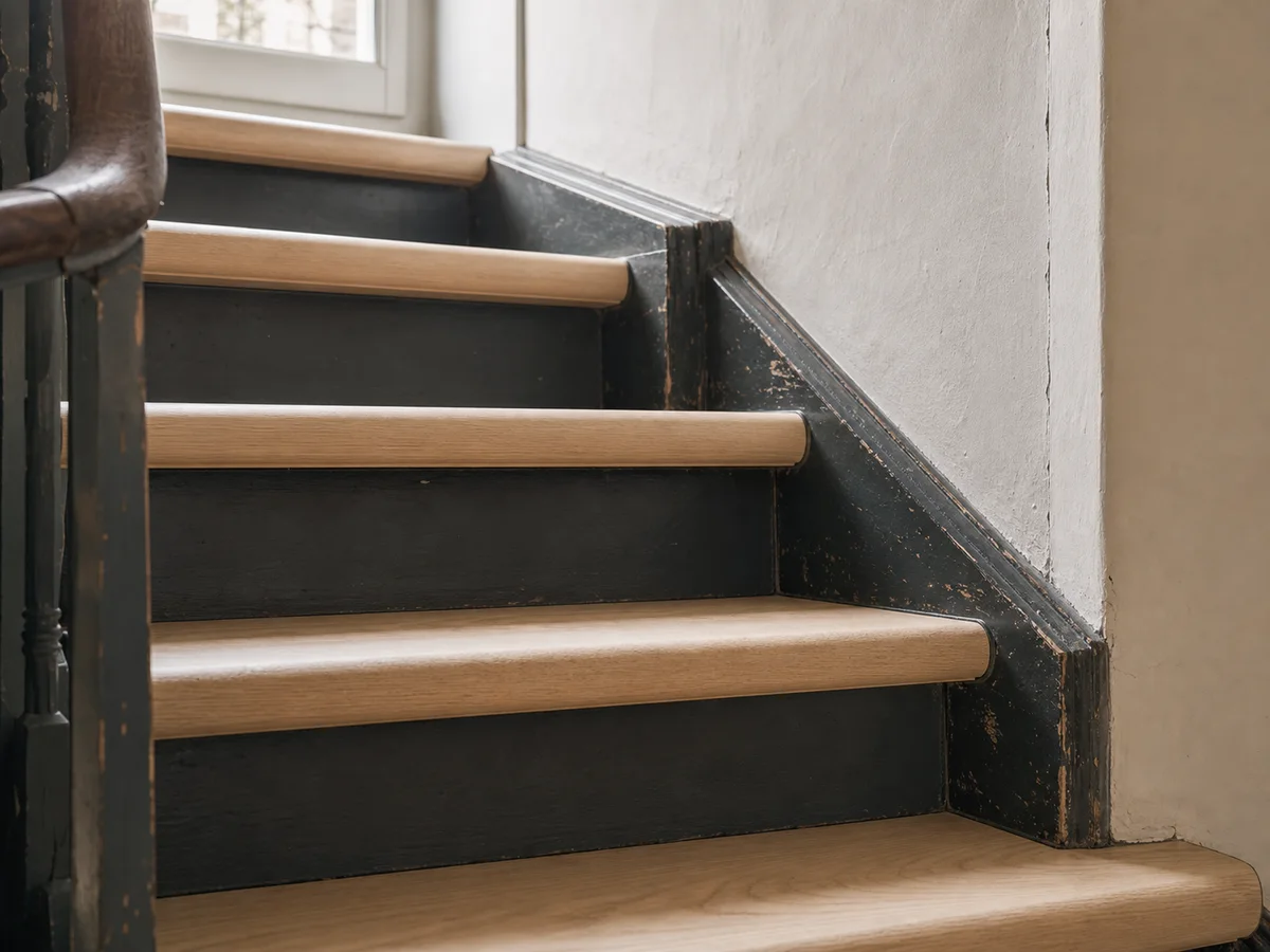 Treppensanierung mit neuen Eschen-Stufen auf bestehender Holztreppe in einer Eigentumswohnung in Oerlikon.