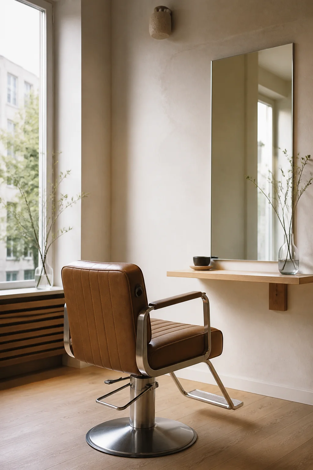 Coiffeur-Stuhl bei Ritual in Zürich, weiches Tageslicht, ruhiger Hintergrund.